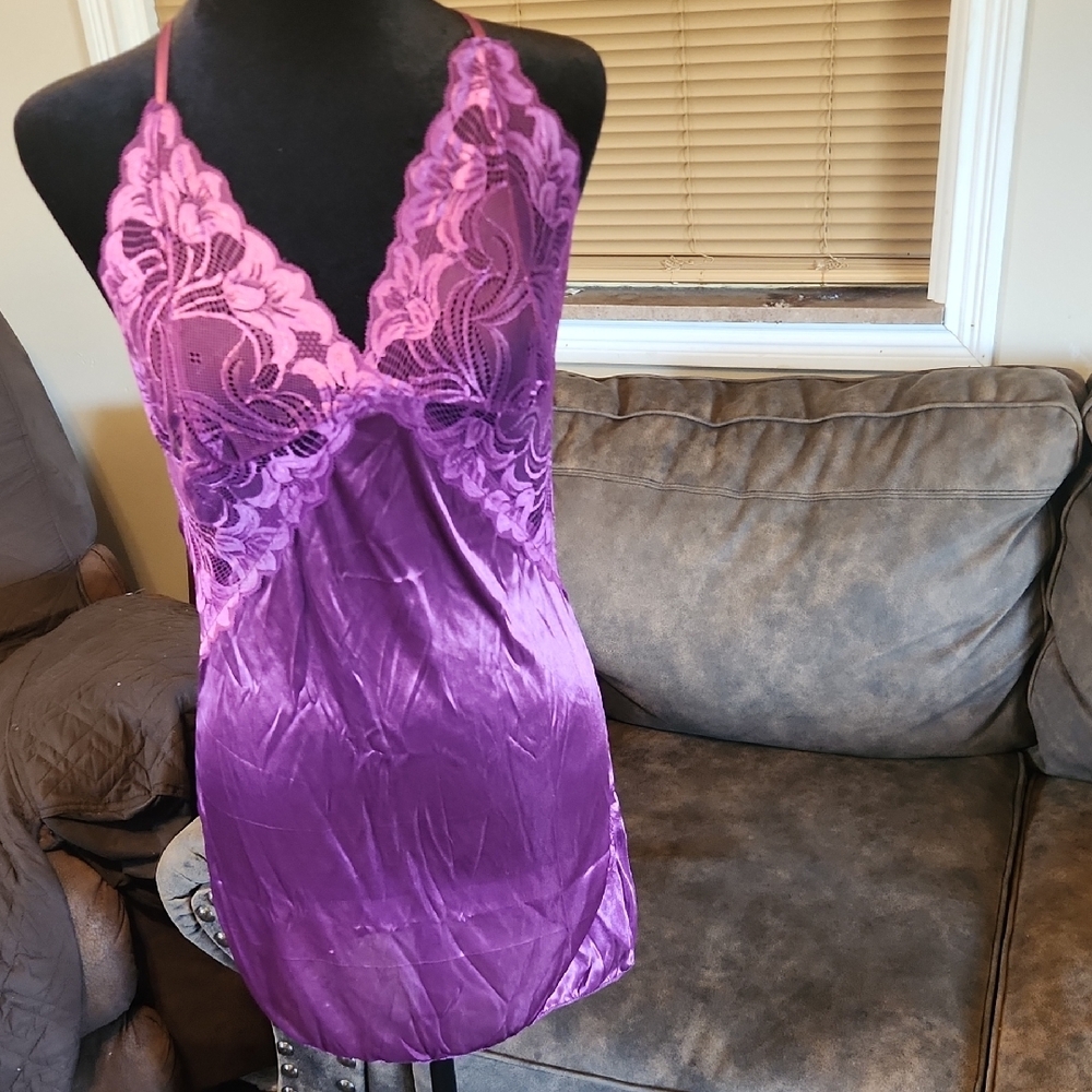 Purple Satin Chemise with Lace Detailing